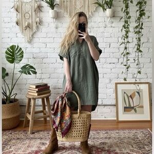Grayson Anthropologie Artist Green Linen Minimalist Collared Hi-Low Shirt Dress
